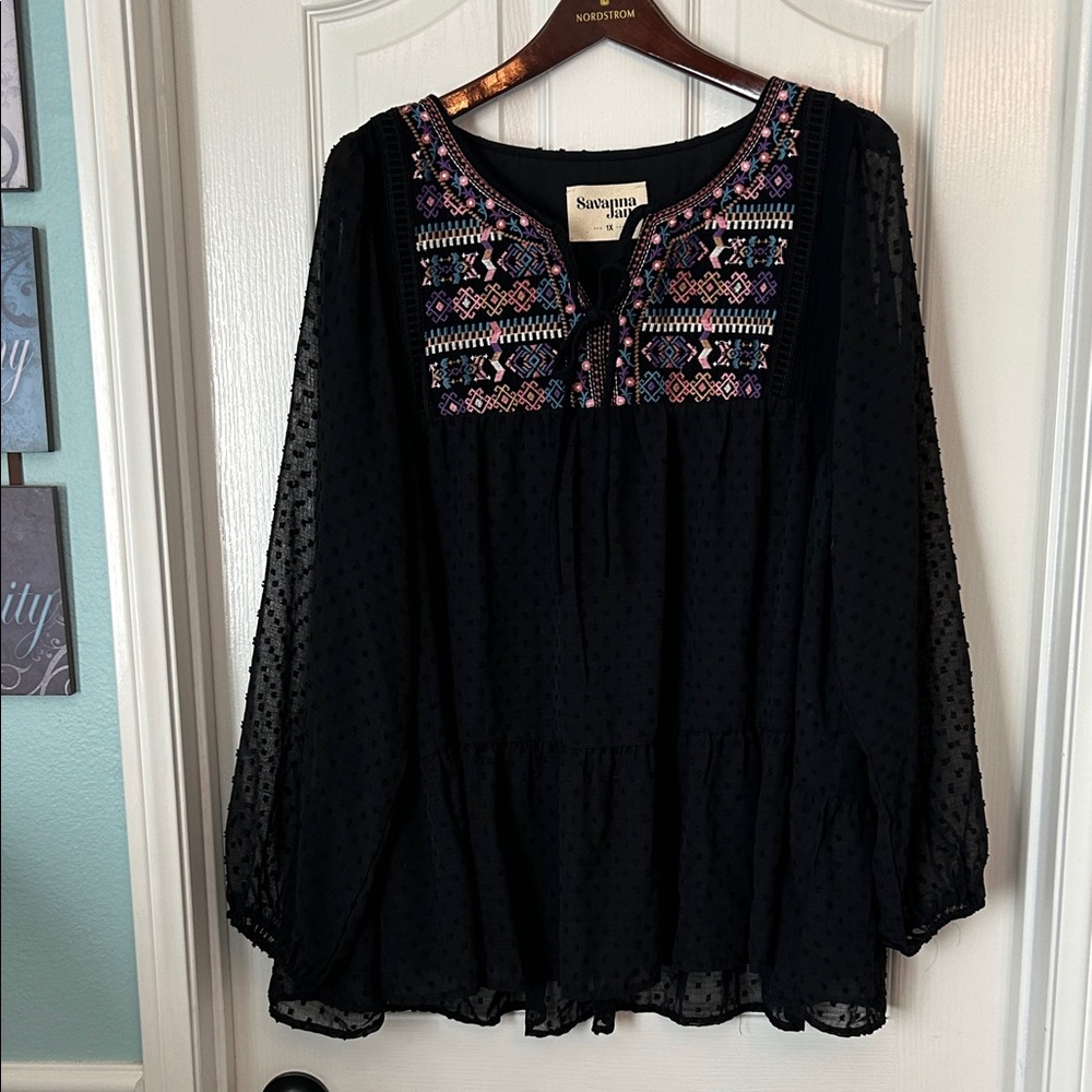 Savanna Jane Black Blouse with Multicolor Embroidery